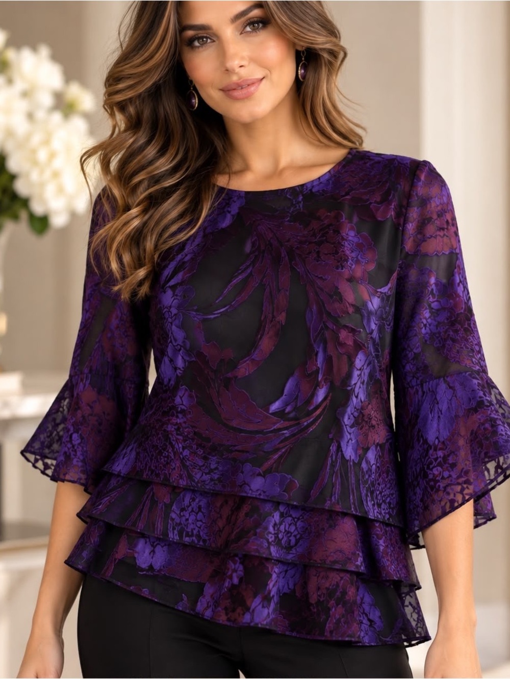 Alex Evenings Burnout Velvet Floral Tiered Blouse Purple Black Size S NWOT